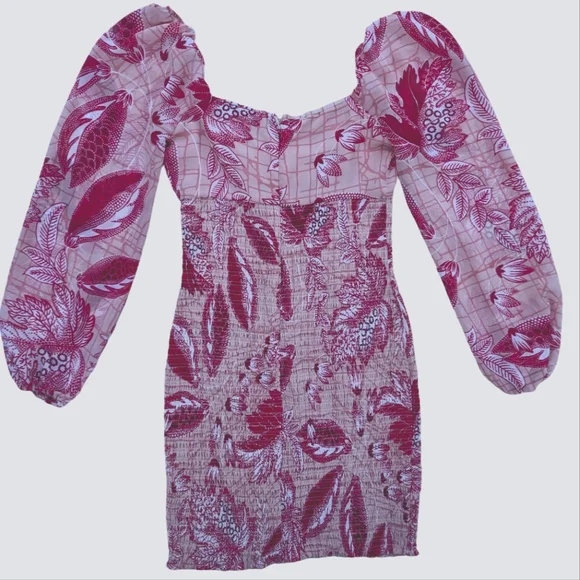 Guess Pink Floral Mini Dress XS Stretchy Open Neck Blouson Sleeves Y2K Prom - Picture 10 of 11